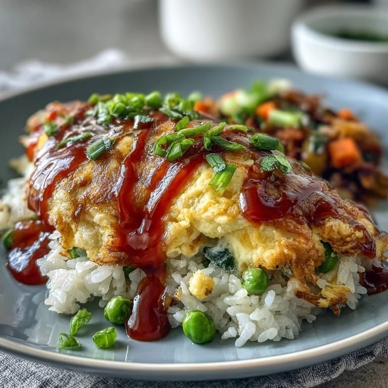 Golden fluffy omelet topping a savory ketchup rice bed, a classic Japanese comfort.