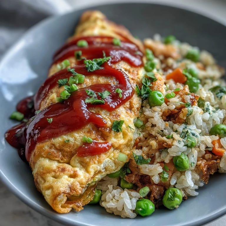 Hearty Japanese Omurice, beautifully plated with a vibrant ketchup drizzle topping.