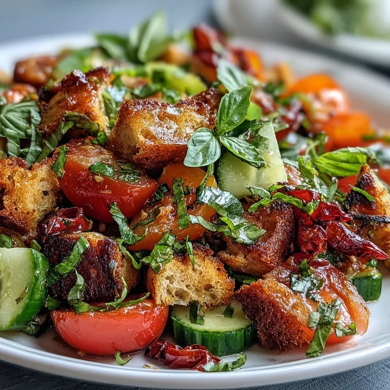 Bright Summer Panzanella salad, boasting charred bread, crisp veggies, and tangy vinaigrette.