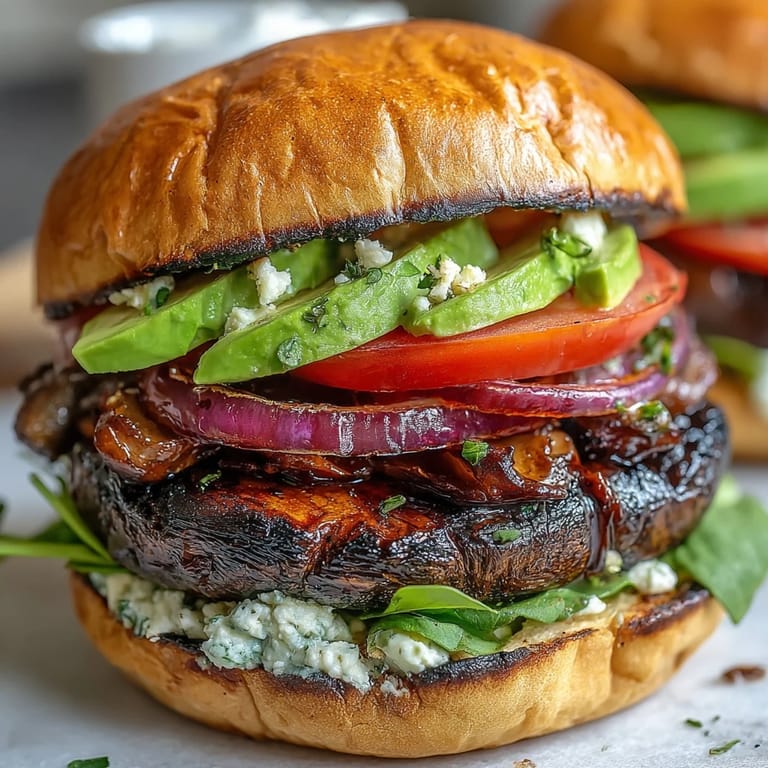Enjoy these tender grilled portobello burgers, a wholesome vegetarian delight topped with avocado.