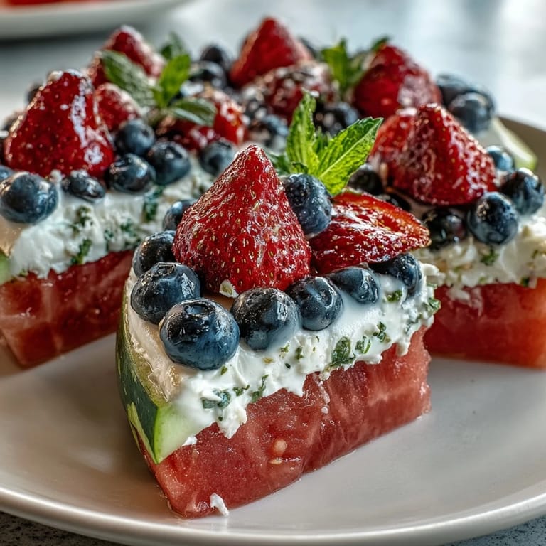 Festive 4th of July watermelon pizza topped with fresh berries and creamy frosting.