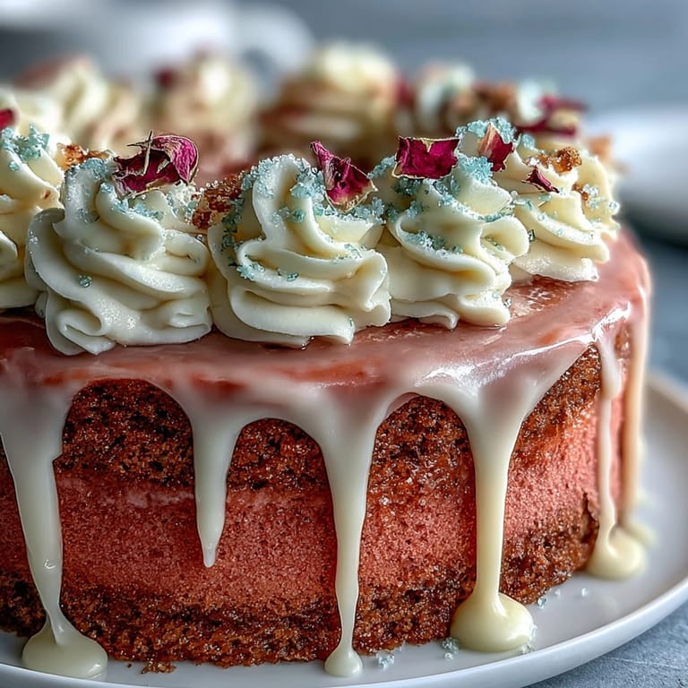 Moist rosé infused velvet cake artfully adorned with edible gold drip.