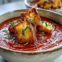 Close-up of vibrant red Roasted Red Pepper Soup With Crispy Croutons, garnished with a swirl of cream and fresh herbs.