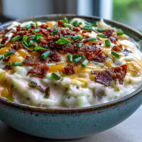 Velvety Loaded Potato Soup topped with crispy bacon, melted cheddar, and fresh green onions in a rustic bowl.