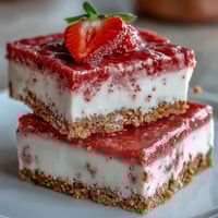 Freshly chilled No-Bake Strawberry Fudge Squares are lifted from a pan with parchment paper, revealing a creamy pink texture and crunchy graham cracker crust.