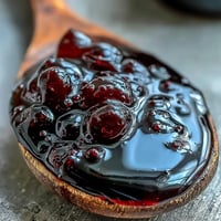 Homemade Black Currant Syrup poured over vanilla ice cream, featuring rich purple color and fresh berries nearby.