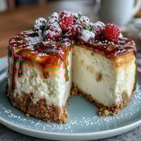 Creamy lemon cheesecake layered in individual jars with graham cracker crust and fresh berries.