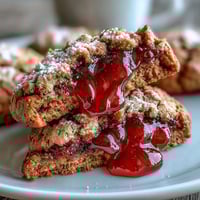 Fresh strawberry jam thumbprint cookies with vibrant red filling and golden edges, perfect for spring gatherings or holiday cookie trays.