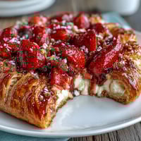 Rustic strawberry galette with almond frangipane, golden crust folded over juicy red berries.