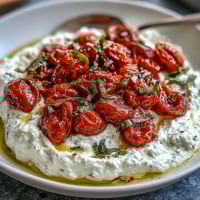 Whipped feta dip with roasted cherry tomatoes, creamy and tangy, topped with sweet blistered tomatoes.  