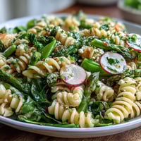 Bright spring pasta salad with lemon vinaigrette and crisp radishes, perfect for a light vegetarian lunch or picnic.