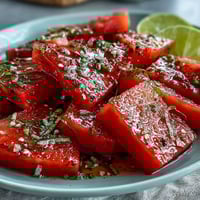 Fresh watermelon slices dusted with Tajin and zesty lime, a vibrant and refreshing Mexican-inspired snack perfect for summer.  