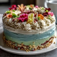 Delicate pastel ombre cake with soft pink, yellow, and green layers, topped with fresh edible flowers.