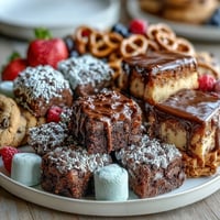 Festive grad party dessert board with colorful cake slices, cookies, and brownie bites, perfect for sharing at celebrations.