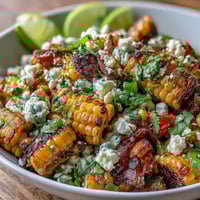 Mexican Street Corn Salad with creamy Cotija cheese and fresh cilantro, served in a colorful bowl for a vibrant summer side dish.  