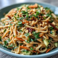 Vibrant Thai peanut noodle salad with crisp vegetables and fresh herbs in creamy lime dressing.  