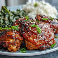 Oven-baked soy glazed chicken thighs with sticky, caramelized skin and savory-sweet glaze.  