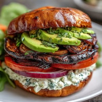 Juicy grilled portobello mushroom burgers stacked with fresh toppings, a satisfying vegetarian meal.